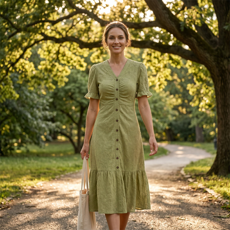 🔥DERNIER JOUR : 50 % DE RÉDUCTION🌞💃Robe midi à manches courtes et col en V, boutonnée, pour femme