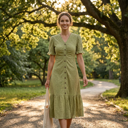 🔥DERNIER JOUR : 50 % DE RÉDUCTION🌞💃Robe midi à manches courtes et col en V, boutonnée, pour femme