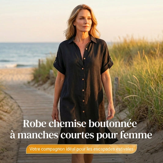 🌸 Robe courte boutonnée en coton et lin pour femme ✨ Un indispensable de votre nouvelle garde-robe