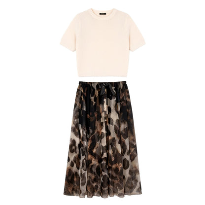 Ensemble deux pièces pour femme composé d'un pull et d'une jupe fluide à imprimé léopard