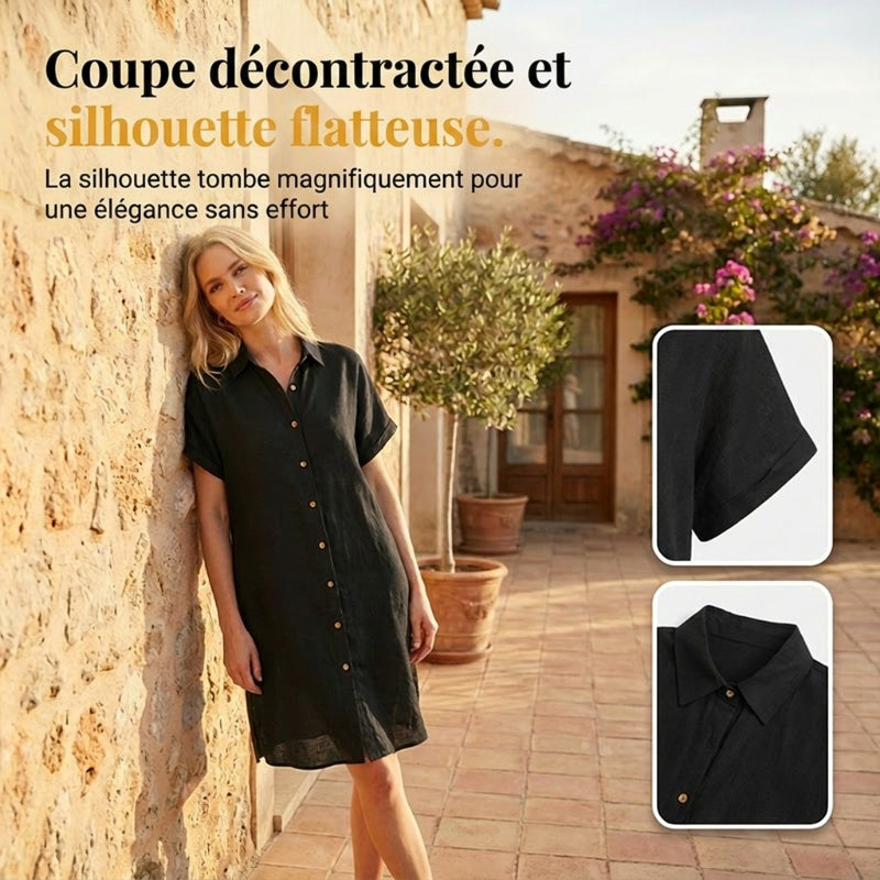 🌸 Robe courte boutonnée en coton et lin pour femme ✨ Un indispensable de votre nouvelle garde-robe