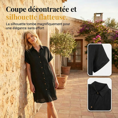 🌸 Robe courte boutonnée en coton et lin pour femme ✨ Un indispensable de votre nouvelle garde-robe