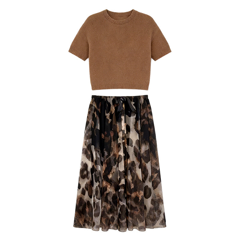 Ensemble deux pièces pour femme composé d'un pull et d'une jupe fluide à imprimé léopard