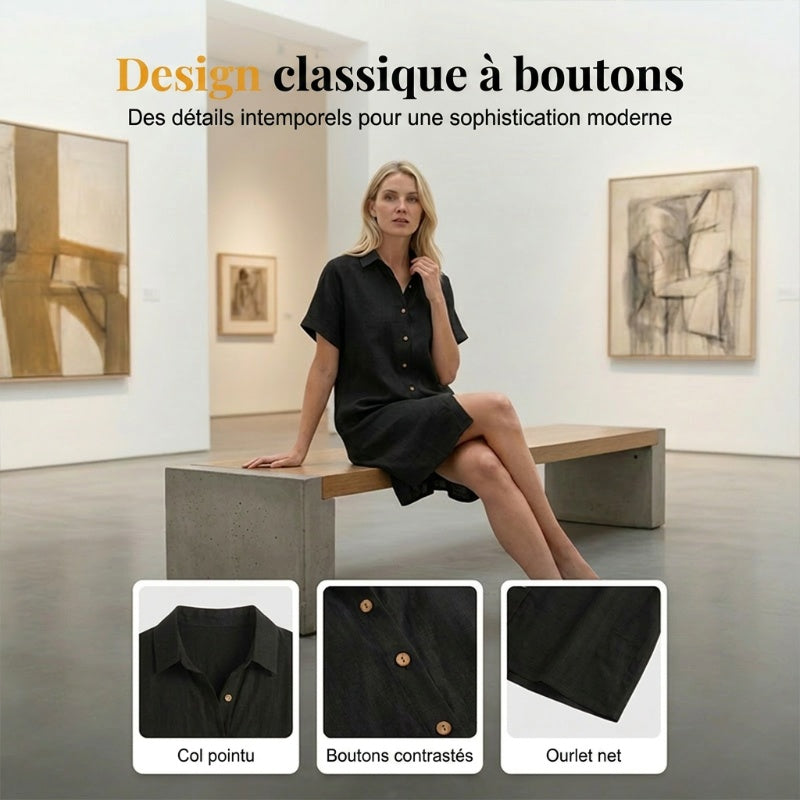 🌸 Robe courte boutonnée en coton et lin pour femme ✨ Un indispensable de votre nouvelle garde-robe
