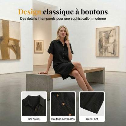 🌸 Robe courte boutonnée en coton et lin pour femme ✨ Un indispensable de votre nouvelle garde-robe