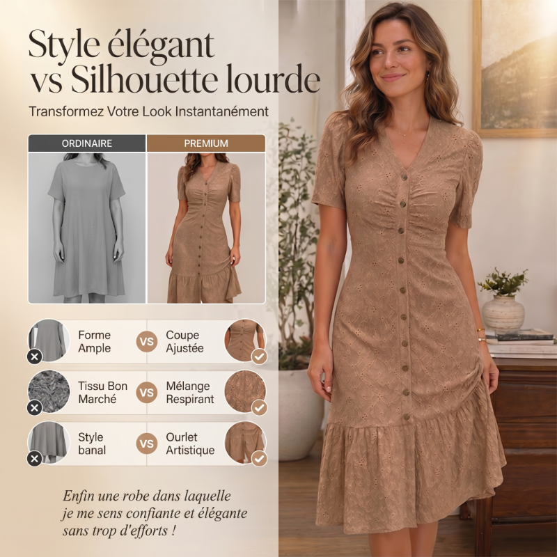 🔥DERNIER JOUR : 50 % DE RÉDUCTION🌞💃Robe midi à manches courtes et col en V, boutonnée, pour femme