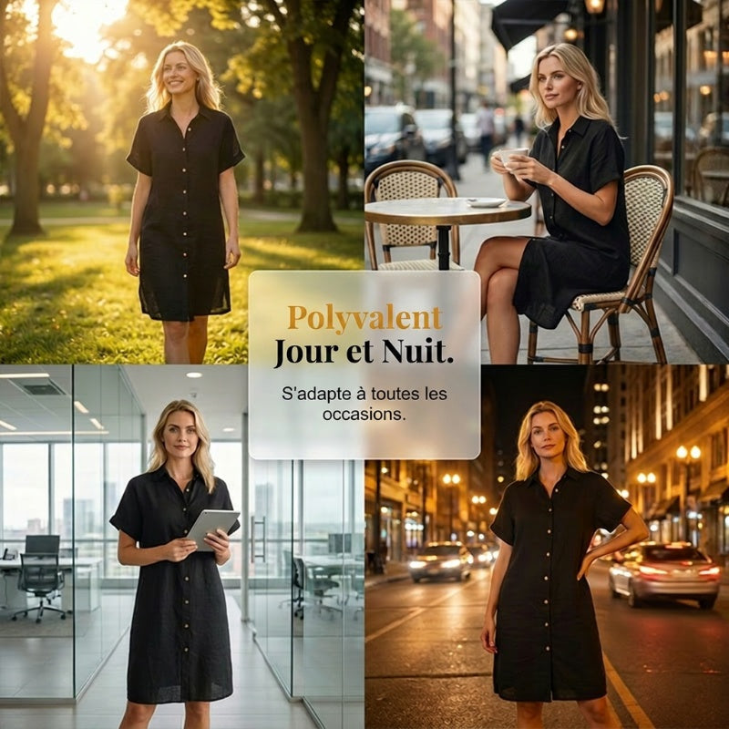 🌸 Robe courte boutonnée en coton et lin pour femme ✨ Un indispensable de votre nouvelle garde-robe