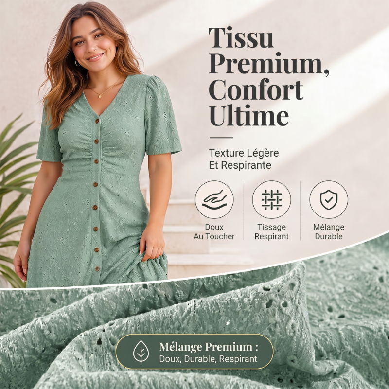 🔥DERNIER JOUR : 50 % DE RÉDUCTION🌞💃Robe midi à manches courtes et col en V, boutonnée, pour femme