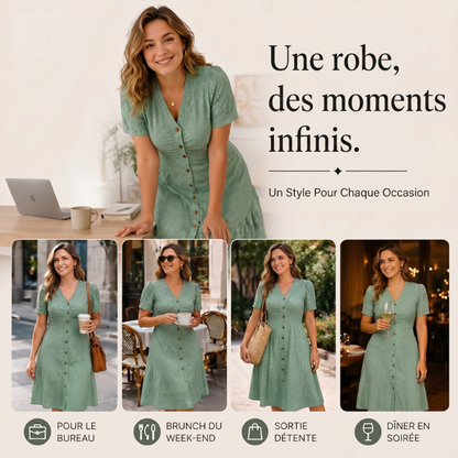 🔥DERNIER JOUR : 50 % DE RÉDUCTION🌞💃Robe midi à manches courtes et col en V, boutonnée, pour femme