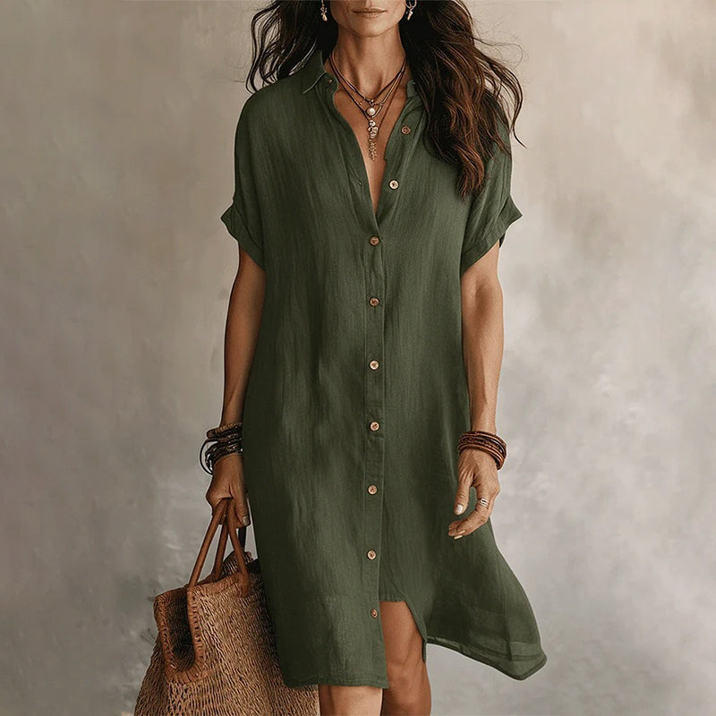 🌸 Robe courte boutonnée en coton et lin pour femme ✨ Un indispensable de votre nouvelle garde-robe