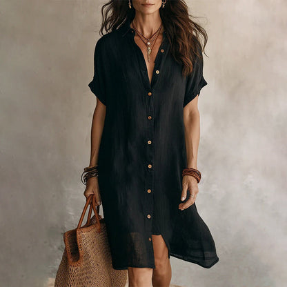 🌸 Robe courte boutonnée en coton et lin pour femme ✨ Un indispensable de votre nouvelle garde-robe