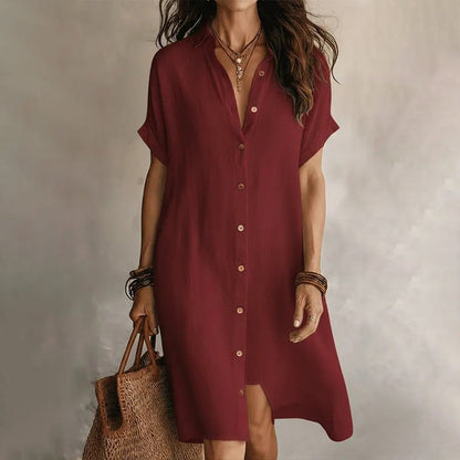 🌸 Robe courte boutonnée en coton et lin pour femme ✨ Un indispensable de votre nouvelle garde-robe