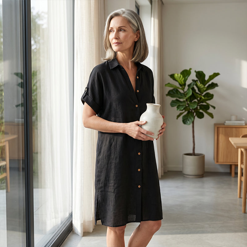 🌸 Robe courte boutonnée en coton et lin pour femme ✨ Un indispensable de votre nouvelle garde-robe