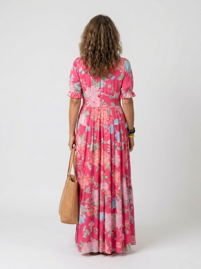Ione | Robe midi fleurie à manches courtes et col en V