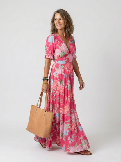 Ione | Robe midi fleurie à manches courtes et col en V