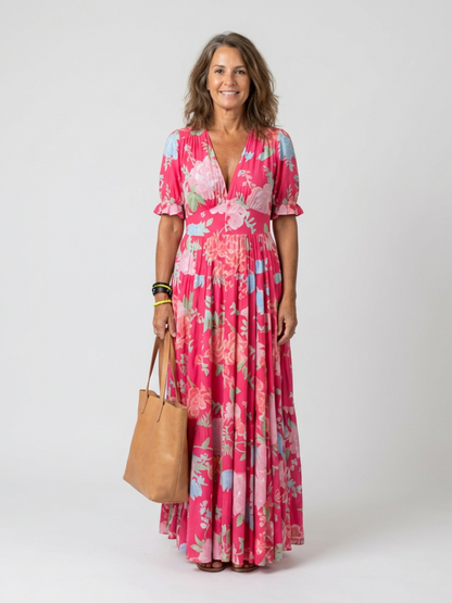 Ione | Robe midi fleurie à manches courtes et col en V