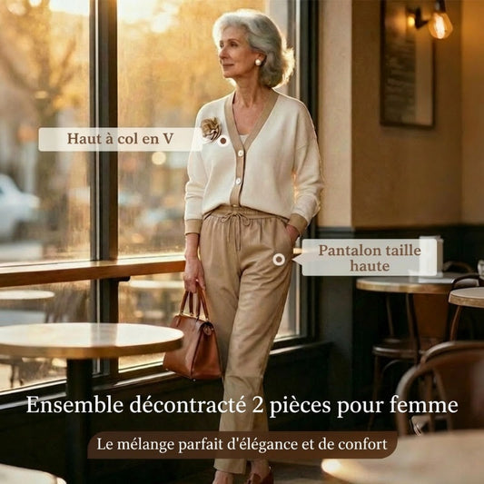 🔥Ensemble décontracté pour femme avec haut à col en V et pantalon taille haute