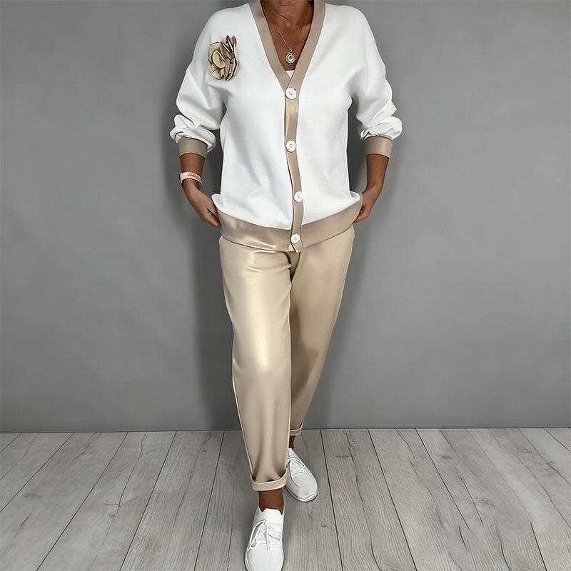 🔥Ensemble décontracté pour femme avec haut à col en V et pantalon taille haute