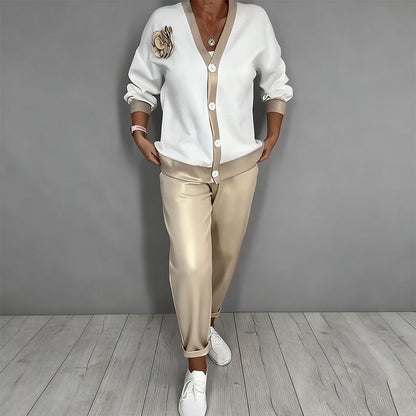 🔥Ensemble décontracté pour femme avec haut à col en V et pantalon taille haute