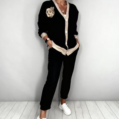 🔥Ensemble décontracté pour femme avec haut à col en V et pantalon taille haute