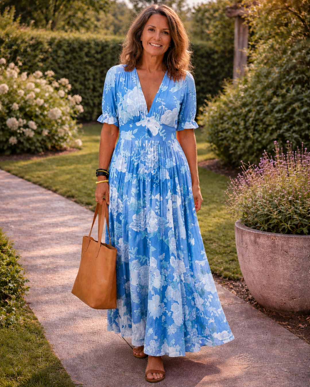 Ione | Robe midi fleurie à manches courtes et col en V
